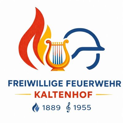 Logo der Freiwilligen Feuerwehr Kaltenhof: eine Flamme, eine Lyra und ein Feuerwehrhelm, darunter die Jahreszahlen 1889 und 1955.