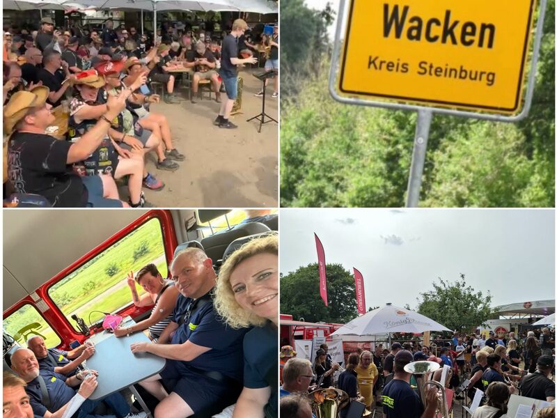 Fotocollage: Mitglieder des Musikzugs in Wacken, daneben das Ortsschild.